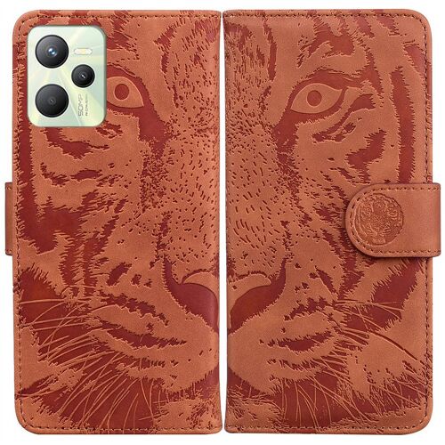 Saturcase Coque Pour Realme C35, Embossage De Tigre Pu Cuir Magnétique Flip Portefeuille Support Porte-Carte Protecteur Housse Étui Pour Realme C35 (Marron)
