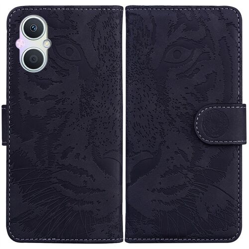 Saturcase Coque Pour Oppo A96 5g / Reno 7z 5g, Embossage De Tigre Pu Cuir Magnétique Flip Portefeuille Support Porte-Carte Protecteur Housse Étui Pour Oppo A96 5g / Reno 7z 5g (Noir)