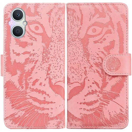 Saturcase Coque Pour Oppo A96 5g / Reno 7z 5g, Embossage De Tigre Pu Cuir Magnétique Flip Portefeuille Support Porte-Carte Protecteur Housse Étui Pour Oppo A96 5g / Reno 7z 5g (Rose)