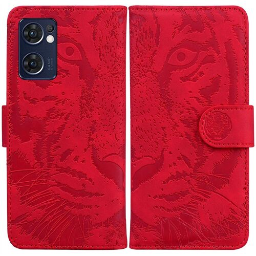 Saturcase Coque Pour Oppo Find X5 Lite / Reno 7 5g, Embossage De Tigre Pu Cuir Magnétique Flip Portefeuille Support Porte-Carte Protecteur Housse Étui Pour Oppo Find X5 Lite / Reno 7 5g (Rouge)
