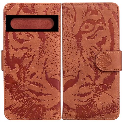 Saturcase Coque Pour Google Pixel 7 Pro, Embossage De Tigre Pu Cuir Magnétique Flip Portefeuille Support Porte-Carte Protecteur Housse Étui Pour Google Pixel 7 Pro (Marron)