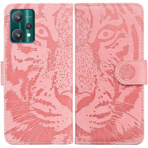Saturcase Coque Pour Realme 9 Pro Plus, Embossage De Tigre Pu Cuir Magnétique Flip Portefeuille Support Porte-Carte Protecteur Housse Étui Pour Realme 9 Pro Plus (Rose)