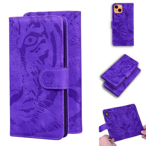 Saturcase Coque Pour Apple Iphone 13, Embossage De Tigre Pu Cuir Magnétique Flip Portefeuille Support Porte-Carte Protecteur Housse Étui Pour Apple Iphone 13 (Violet)