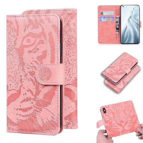 Xiaomi Mi 11 Coque, Saturcase Embossage De Tigre Pu Cuir Magnétique Flip Portefeuille Support Porte-Carte Protecteur Housse Étui Pour Xiaomi Mi 11 (Rose)