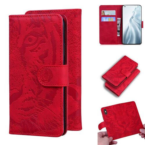 Xiaomi Mi 11 Coque, Saturcase Embossage De Tigre Pu Cuir Magnétique Flip Portefeuille Support Porte-Carte Protecteur Housse Étui Pour Xiaomi Mi 11 (Rouge)