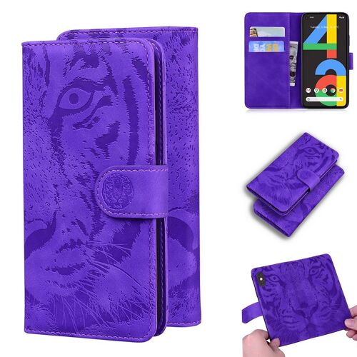 Google Pixel 4a 4g Coque, Saturcase Embossage De Tigre Pu Cuir Magnétique Flip Portefeuille Support Porte-Carte Protecteur Housse Étui Pour Google Pixel 4a 4g (Violet)