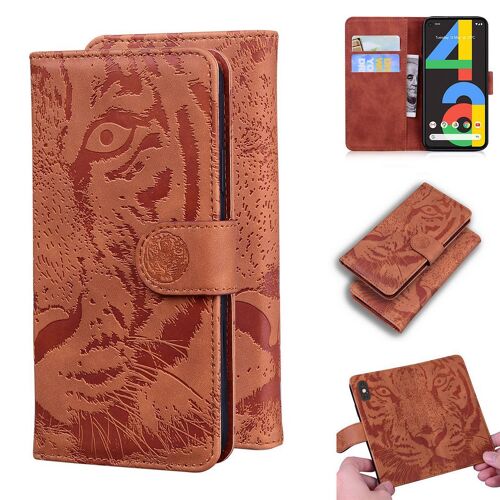 Google Pixel 4a 4g Coque, Saturcase Embossage De Tigre Pu Cuir Magnétique Flip Portefeuille Support Porte-Carte Protecteur Housse Étui Pour Google Pixel 4a 4g (Marron)