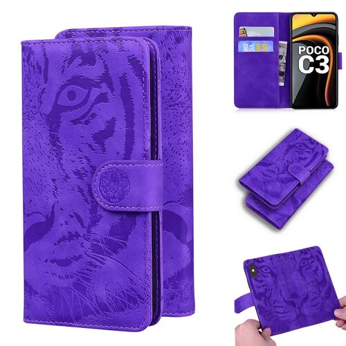 Xiaomi Poco C3 Coque, Saturcase Embossage De Tigre Pu Cuir Magnétique Flip Portefeuille Support Porte-Carte Protecteur Housse Étui Pour Xiaomi Poco C3 (Violet)