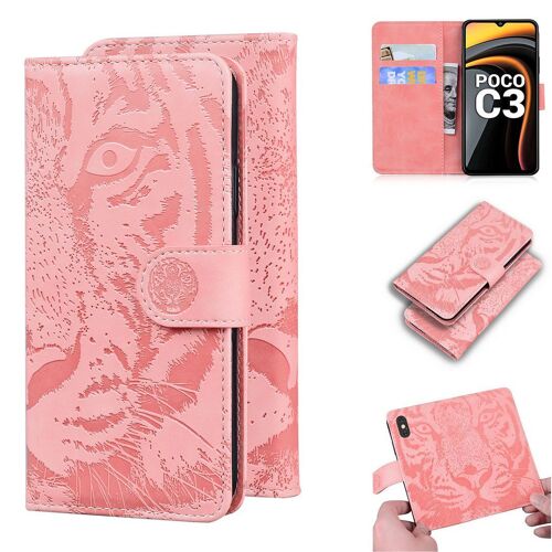 Xiaomi Poco C3 Coque, Saturcase Embossage De Tigre Pu Cuir Magnétique Flip Portefeuille Support Porte-Carte Protecteur Housse Étui Pour Xiaomi Poco C3 (Rose)