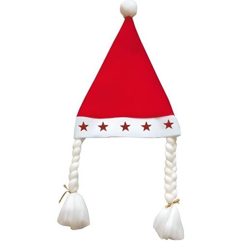 Bonnet De Noël Lumineux Étoiles Rouges Et Nattes Adulte - Rouge - Accessoire De Déguisement