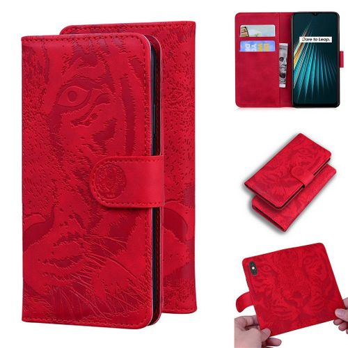 Realme 5 5s 5i 6i Coque, Saturcase Embossage De Tigre Pu Cuir Magnétique Flip Portefeuille Support Porte-Carte Protecteur Housse Étui Pour Realme 5 5s 5i 6i (Rouge)