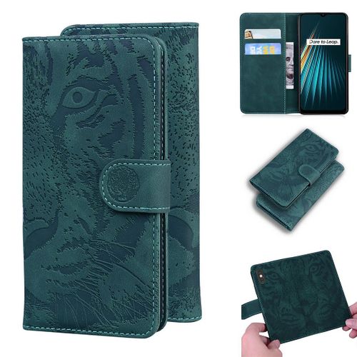 Realme 5 5s 5i 6i Coque, Saturcase Embossage De Tigre Pu Cuir Magnétique Flip Portefeuille Support Porte-Carte Protecteur Housse Étui Pour Realme 5 5s 5i 6i (Vert)