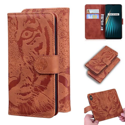 Realme 5 5s 5i 6i Coque, Saturcase Embossage De Tigre Pu Cuir Magnétique Flip Portefeuille Support Porte-Carte Protecteur Housse Étui Pour Realme 5 5s 5i 6i (Marron)