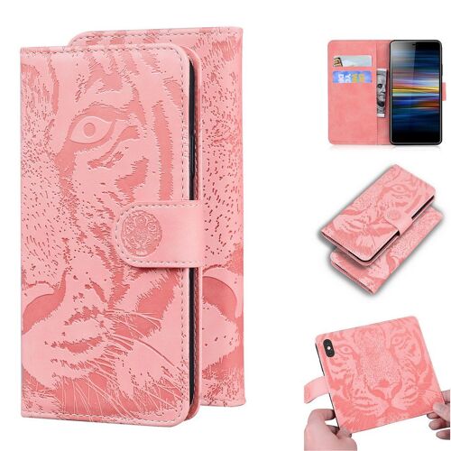 Sony Xperia L3 Coque, Saturcase Embossage De Tigre Pu Cuir Magnétique Flip Portefeuille Support Porte-Carte Protecteur Housse Étui Pour Sony Xperia L3 (Rose)