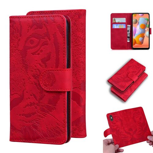 Samsung Galaxy A11 / M11 Coque, Saturcase Embossage De Tigre Pu Cuir Magnétique Flip Portefeuille Support Porte-Carte Protecteur Housse Étui Pour Samsung Galaxy A11 / M11 (Rouge)