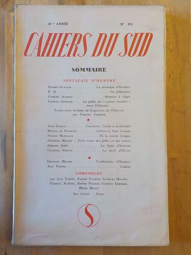 Cahiers Du Sud 325 - Nostalgie D' Homère