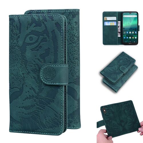 Nokia 1.3 Coque, Saturcase Embossage De Tigre Pu Cuir Magnétique Flip Portefeuille Support Porte-Carte Protecteur Housse Étui Pour Nokia 1.3 (Vert)