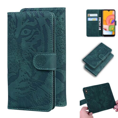 Samsung Galaxy A01 Coque, Saturcase Embossage De Tigre Pu Cuir Magnétique Flip Portefeuille Support Porte-Carte Protecteur Housse Étui Pour Samsung Galaxy A01 (Vert)