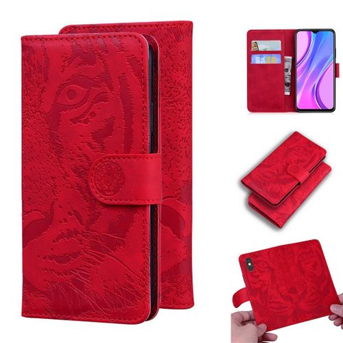Xiaomi Redmi 9 Coque, SATURCASE Embossage de Tigre PU Cuir Magnétique Flip Portefeuille Support Porte-carte Protecteur Housse Étui pour Xiaomi Redmi 9 (Rouge)