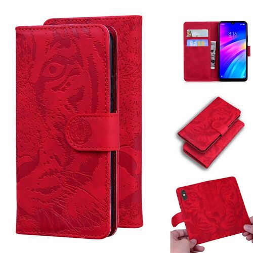 Xiaomi Redmi 7 Coque, Saturcase Embossage De Tigre Pu Cuir Magnétique Flip Portefeuille Support Porte-Carte Protecteur Housse Étui Pour Xiaomi Redmi 7 (Rouge)