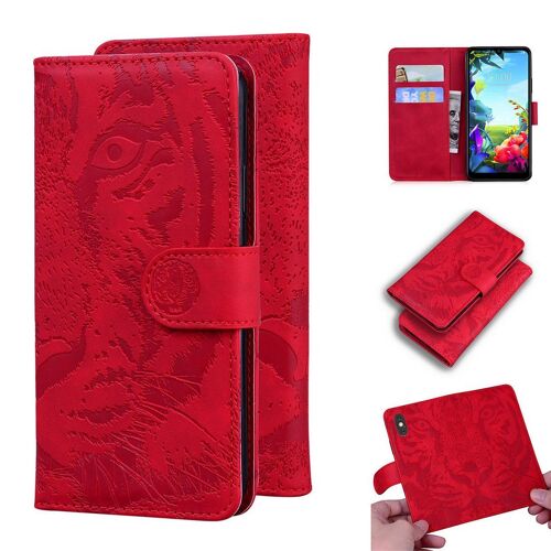 Lg K40s Coque, Saturcase Embossage De Tigre Pu Cuir Magnétique Flip Portefeuille Support Porte-Carte Protecteur Housse Étui Pour Lg K40s (Rouge)