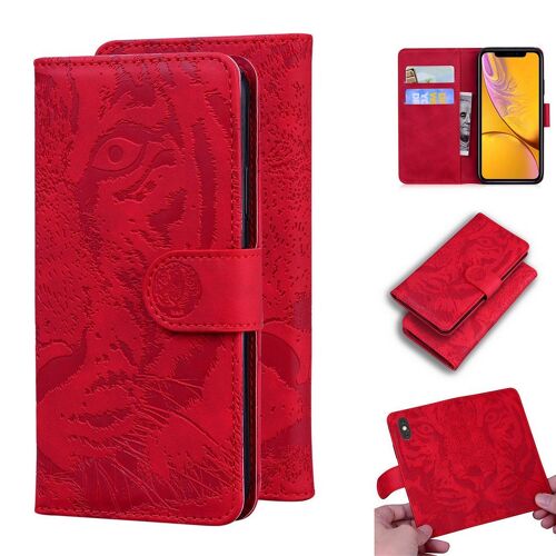 Apple Iphone Xr Coque, Saturcase Embossage De Tigre Pu Cuir Magnétique Flip Portefeuille Support Porte-Carte Protecteur Housse Étui Pour Apple Iphone Xr (Rouge)