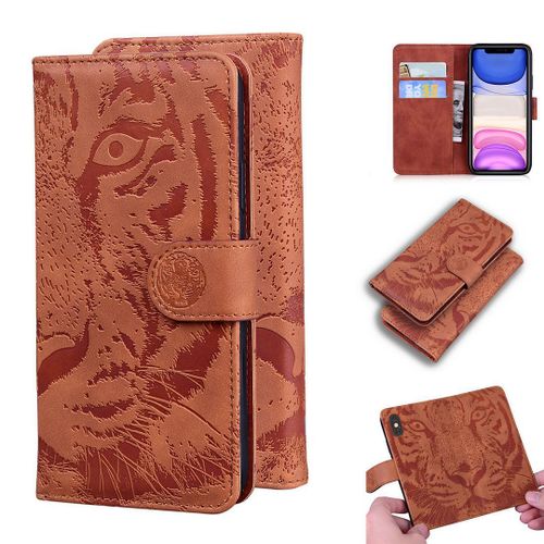 Apple Iphone 11 Coque, Saturcase Embossage De Tigre Pu Cuir Magnétique Flip Portefeuille Support Porte-Carte Protecteur Housse Étui Pour Apple Iphone 11 (Marron)