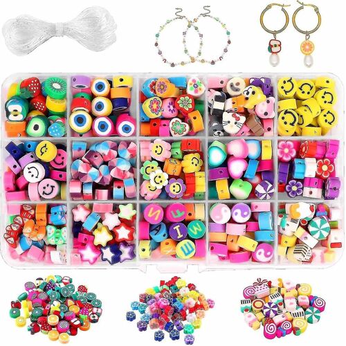 300pcs Fruit Smiley Fait à la main Poly Clay Beads 15 Styles Flower Letter Beads Soft Beads