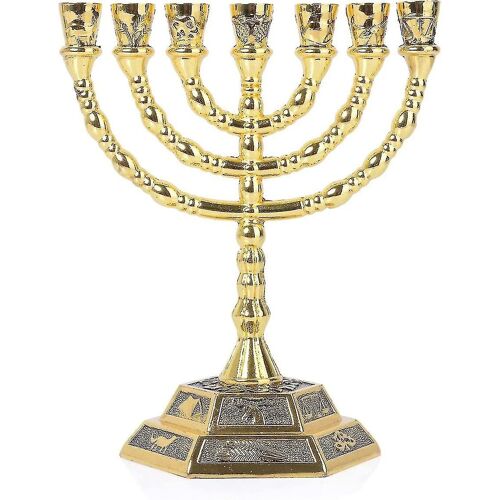 Menorah 7 Branch, 12 Tribus D'israël, Bougeoir Juif Du Temple De Jérusalem (12.7cm, Or)
