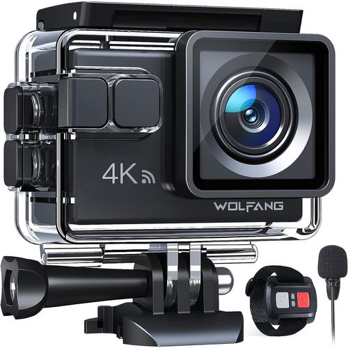 WOLFANG Caméra Sport GA100 4K 30FPS, Caméscope WiFi de 20 MP, Caméra Étanche sous-Marine 40 m avec Double Microphone, télécommande, EIS Anti-Vibration, Batterie 2 x 1050 mAh, Divers Accessoires