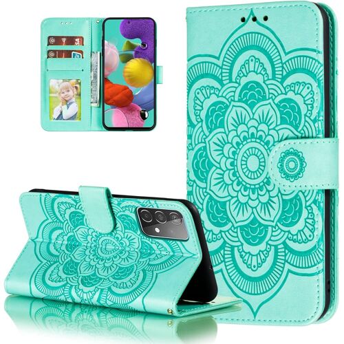 Coque De Protection Mandala Pour Samsung Galaxy A52/A52s 5g - En Cuir Synthetique De Qualite Superieure - Avec Porte-Cartes - Avec Cordon - En Relief - Vert