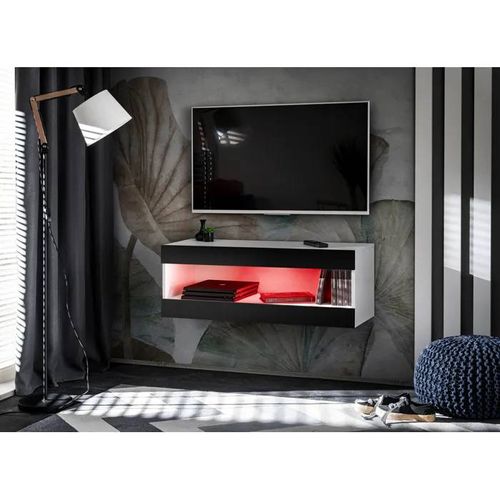 Meuble Tv Komodee Tivoli Rtv2 - Avec Led Rgb - Espace Ouvert - Blanc Noir 35 X 100 X 36 Cm