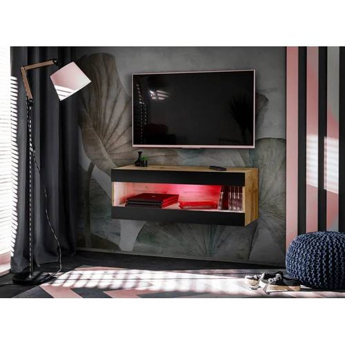 Meuble TV Komodee TIVOLI RTV2 - avec LED RGB - Espace ouvert - Bois Naturel Noir 35 x 100 x 36 cm