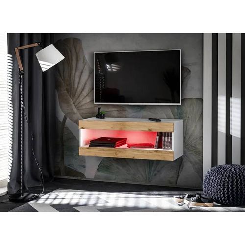 Meuble TV Komodee TIVOLI RTV2 - avec LED RGB - Espace ouvert - Blanc Bois Naturel 35 x 100 x 36 cm