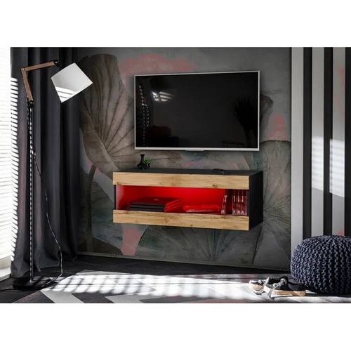 Meuble Tv Komodee Tivoli Rtv2 - Avec Led Rgb - Espace Ouvert - Noir Bois Naturel 35 X 100 X 36 Cm