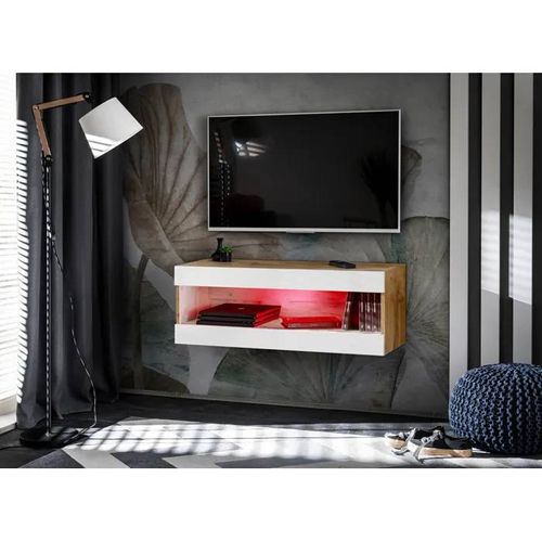 Meuble Tv Komodee Tivoli Rtv2 - Avec Led Rgb - Espace Ouvert - Bois Naturel Blanc 35 X 100 X 36 Cm