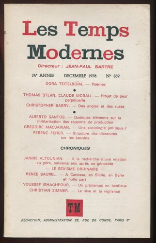 Les Temps Modernes N°389, 34ème Année, Décembre 1978
