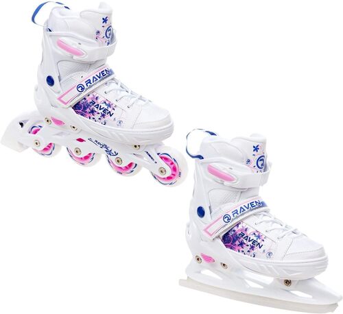Roller En Ligne Meia Du 31 Au 35 + Patin A Glace Enfant Mixte Taille Ajustable Blanc/Bleu/Rose Raven