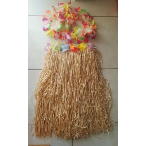 Jupe Vahiné 55cm Naturel + Collier Fleurs Multicolores