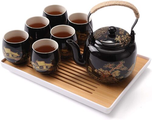 Service À Thé Japonais En Porcelaine Noire Et Or - Coffret