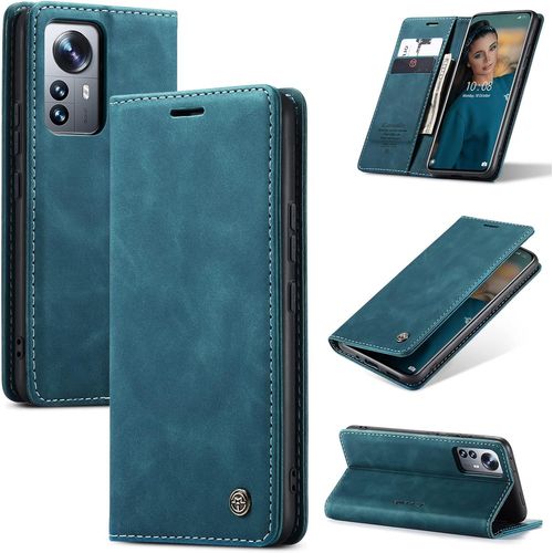 Coque Xiaomi 12 Pro, Tpu Cuir Protection Housse Etui Xiaomi 12 Pro 5g, Flip Magnetique Adsorption Support Portefeuille Carte Antichoc Anti-Rayures Souple Mince Camera Protecteur Cover,Bleu