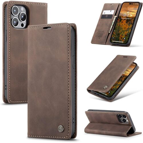 Coque Iphone 14 Pro Max Antichoc Anti-Rayures Tpu Cuir Protection Housse Etui Iphone 14 Pro Max 6.7" Souple Mince Flip Magnetique Adsorption Support Portefeuille Carte Camera Protecteur Cafe