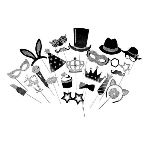 Kit Photobooth Réveillon 23 Pièces Argent Pailleté