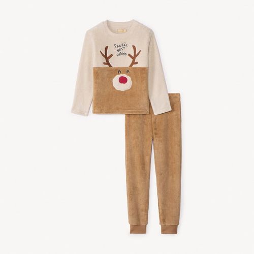 Set Pyjama 2 Pièces Renne De Noël En Sherpa Pour Garçon - Ecru