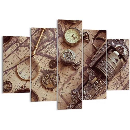 Art mural sur toile - Carte du monde - Boussole - Revolver - Impressions sur toile vintage - Impressions artistiques pour décoration de la maison, salon, chambre à couche 200 x 100 cm. (sans cadre)