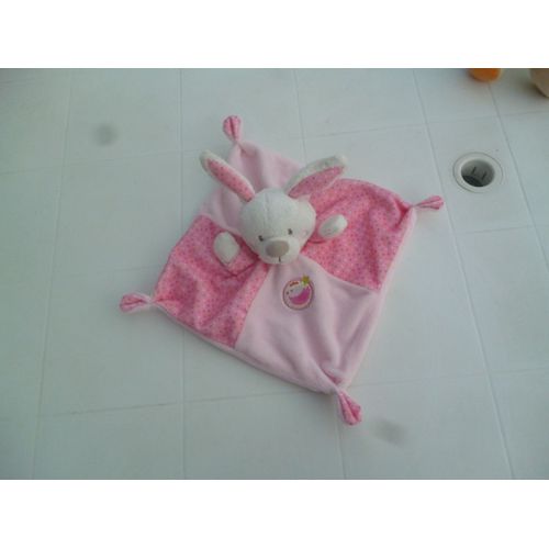 Doudou Plat Lapin Rose Imprimé Oiseau Mots D'enfants