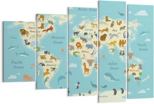 Art mural sur toile - Carte du monde avec animaux - Impressions sur toile pour décoration de la maison, salon, chambre à coucher 200 x 100 cm. (sans cadre)
