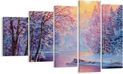 Impression sur toile murale avec paysage, rivière, forêt, hiver, nature, impressions artistiques pour décoration de la maison, salon, chambre à coucher 100 x 55 cm. (sans cadre)