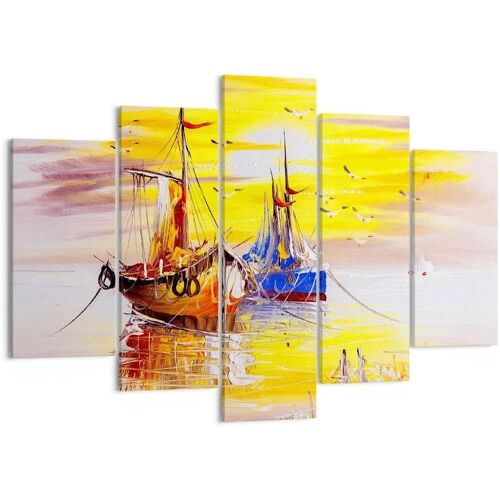 Impression sur toile murale avec bateau de pêche, poisson, capture d'oiseaux, coucher de soleil, impressions artistiques pour décoration de la maison, salon, chambre à co 200 x 100 cm. (sans cadre)