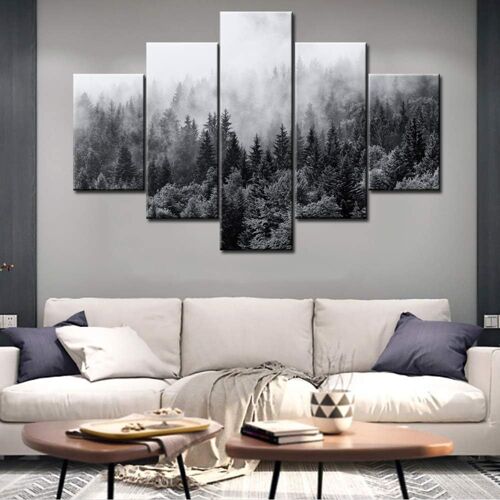 Décoration murale en noir et blanc - Impression sur toile - Paysage de forêt brumeuse - Décoration murale d'arbre et peinture tendue pour le salon et le bureau 50 x 25 cm. (sans cadre)